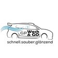 Logo für GP Wash & Go, mit einem Auto, Wasser und Funken, und dem Slogan schnell.sauber.glänzend.