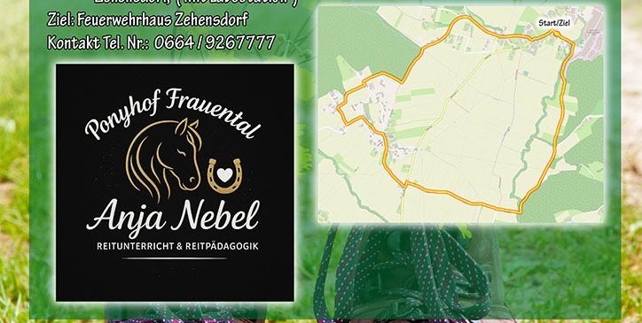 Plakat für eine Ponywanderung am 26. Oktober, Start und Ziel am Feuerwehrhaus Zehensdorf. Eine Karte zeigt die Route. Kontaktnummer ist 0664/19267777. Anja Nebel bietet Reitunterricht an.