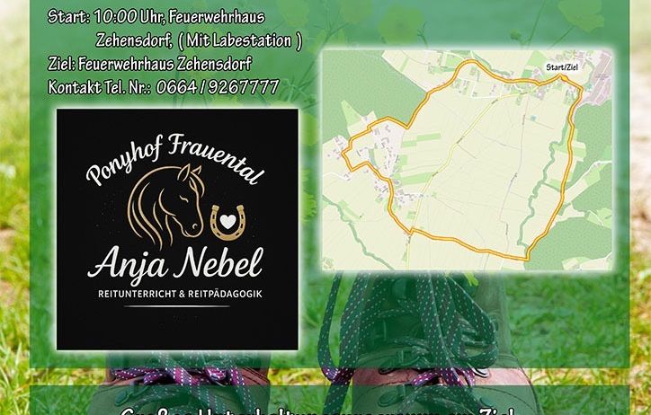 Plakat für eine Ponywanderung am 26. Oktober, Start und Ziel am Feuerwehrhaus Zehensdorf. Eine Karte zeigt die Route. Kontaktnummer ist 0664/19267777. Anja Nebel bietet Reitunterricht an.