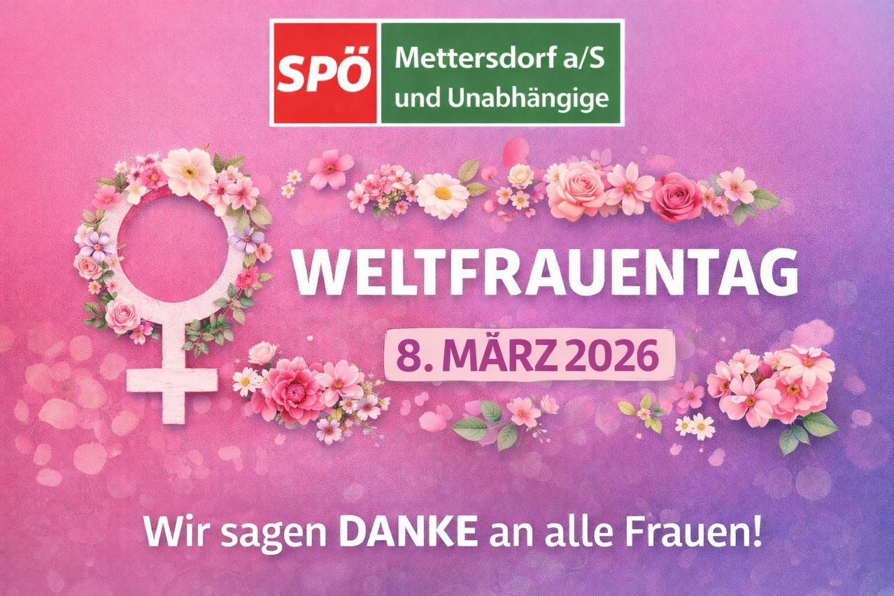Poster for Weltfrauentag 8. March 2026. It features a wreath of flowers, a pink background, and a female symbol. The slogan says Danke to all women.