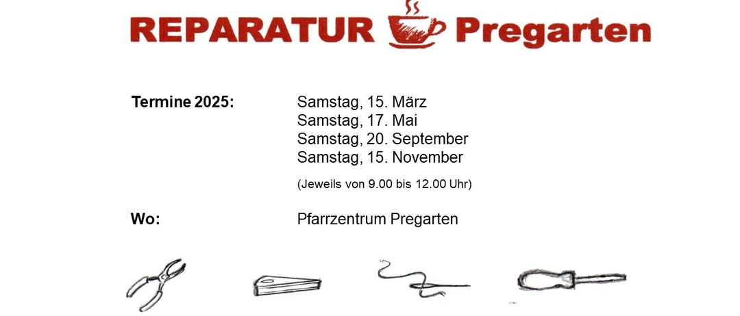 Ein Bild zeigt den Zeitplan für eine Reparaturwerkstatt. Es listet vier Samstage im Jahr 2025 vom 15. März bis 15. November auf. Jeder Samstag ist von 9:00 bis 12:00 Uhr. Unten befindet sich ein Logo mit einer Tasse und einer Kaffeebohne.