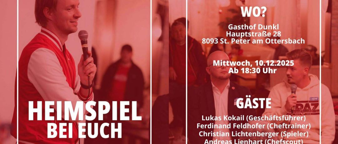 Der GAK kommt nach St. Peter am Ottersbach! Mit unserer nächsten RegiotOUR machen wir in den nächsten Monaten Station in der ganzen Steiermark, um mit euch - unseren Fans - ins Gespräch zu kommen.