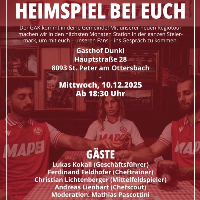 Home game at your place. The GAK will visit your community! With our new Regiotour, we will stop in the entire Styria region over the next few months to engage in conversation with you, our fans.