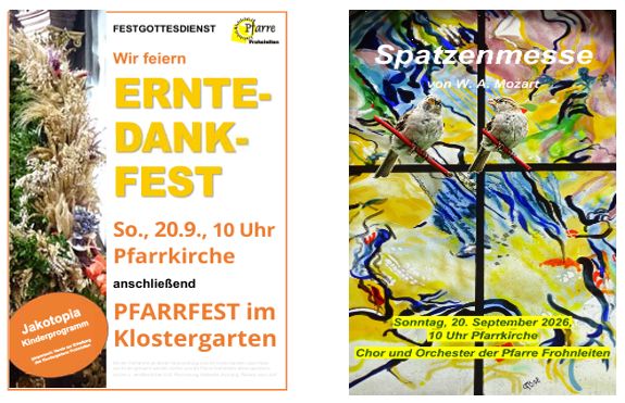 Ein Plakat für ein Erntedankfest mit einer Kirche im Hintergrund und einem farbenfrohen Gemälde von Vögeln auf einem Ast.