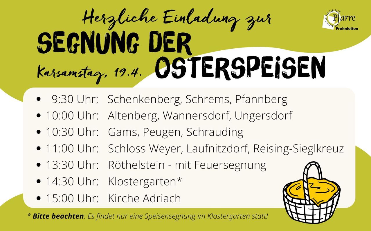 Ein Flyer mit grünem Hintergrund und weißer Schrift, der 'Herzliche Einladung zur Eröffnung der Osterspeisen' lautet. Es listet mehrere Orte und Zeiten für Osterspeisenveranstaltungen auf, darunter Schenkenberg, Schrrems, Pfannberg und andere. Unten steht ein Hinweis, dass es im Klostergarten nur einen Segen für Speisen geben wird.