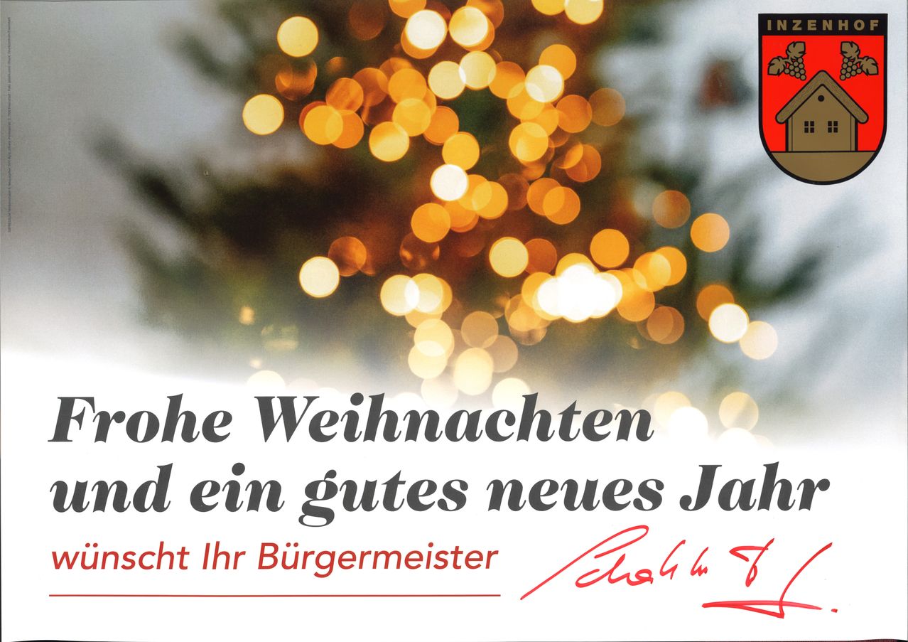 Ein Plakat mit Bokeh-Lichtern, festlicher Text und einer Unterschrift. Es steht 'Schöne Weihnachten und ein gutes neues Jahr, Ihr Bürgermeister'.