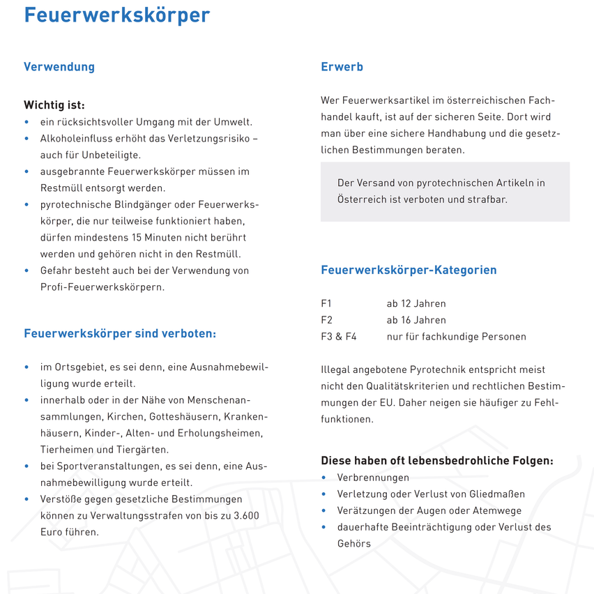 Das Bild enthält Informationen über Feuerwerksvorschriften, einschließlich Handhabung, Lagerung und Anwendungsrichtlinien. Es hebt die Risiken des Alkoholkonsums, die Entsorgung gebrauchter Feuerwerke und die Gefahren der Verwendung von Profi-Feuerwerkskörpern hervor. Es erwähnt auch die Folgen des illegalen Verkaufs und der Verwendung von Pyrotechnik.