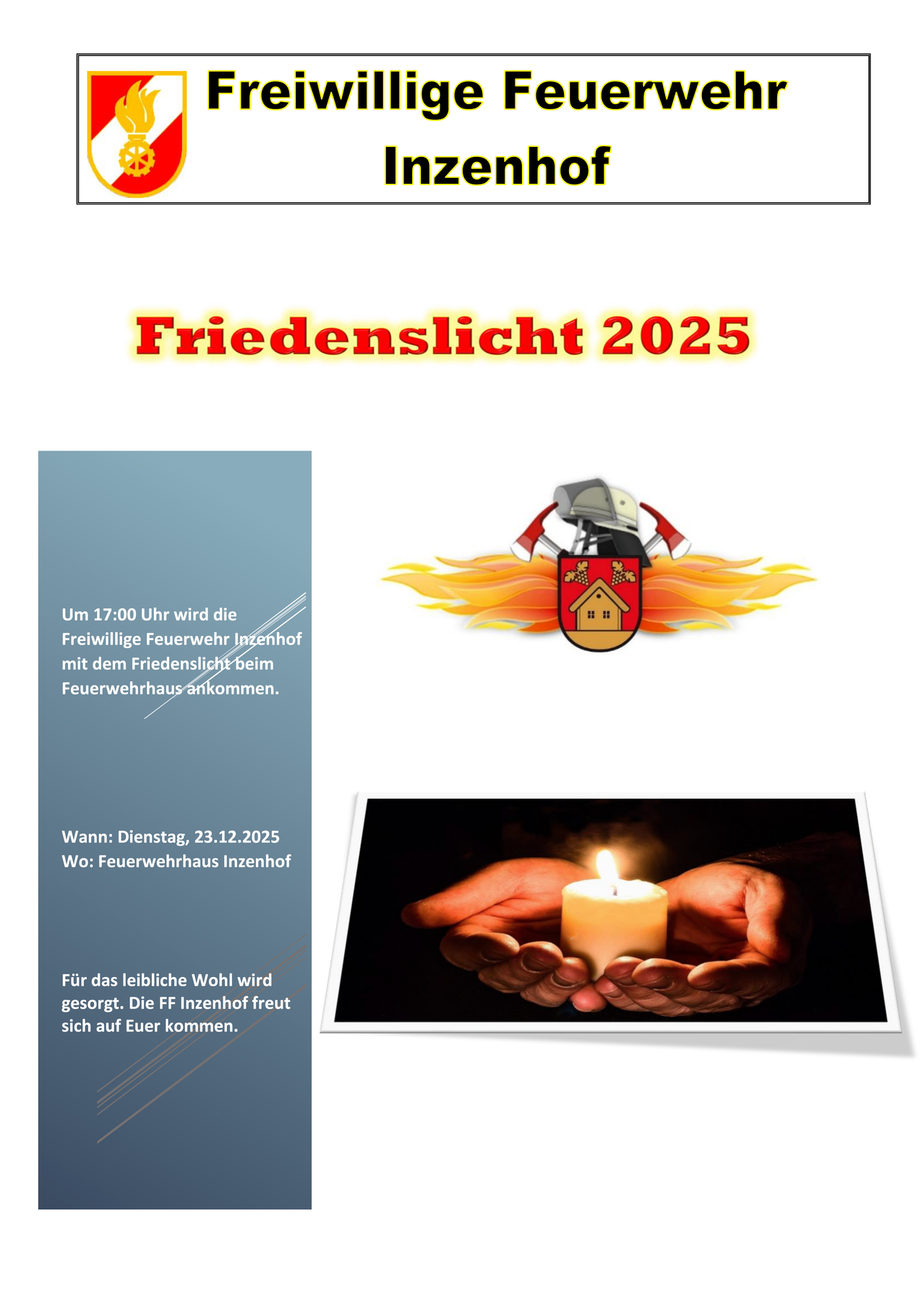 Eine Werbung für Friedenslicht 2025 zeigt ein Kerzenbild, Details über ein Treffen bei der Feuerwehr und das Datum vom 23.12.2025.
