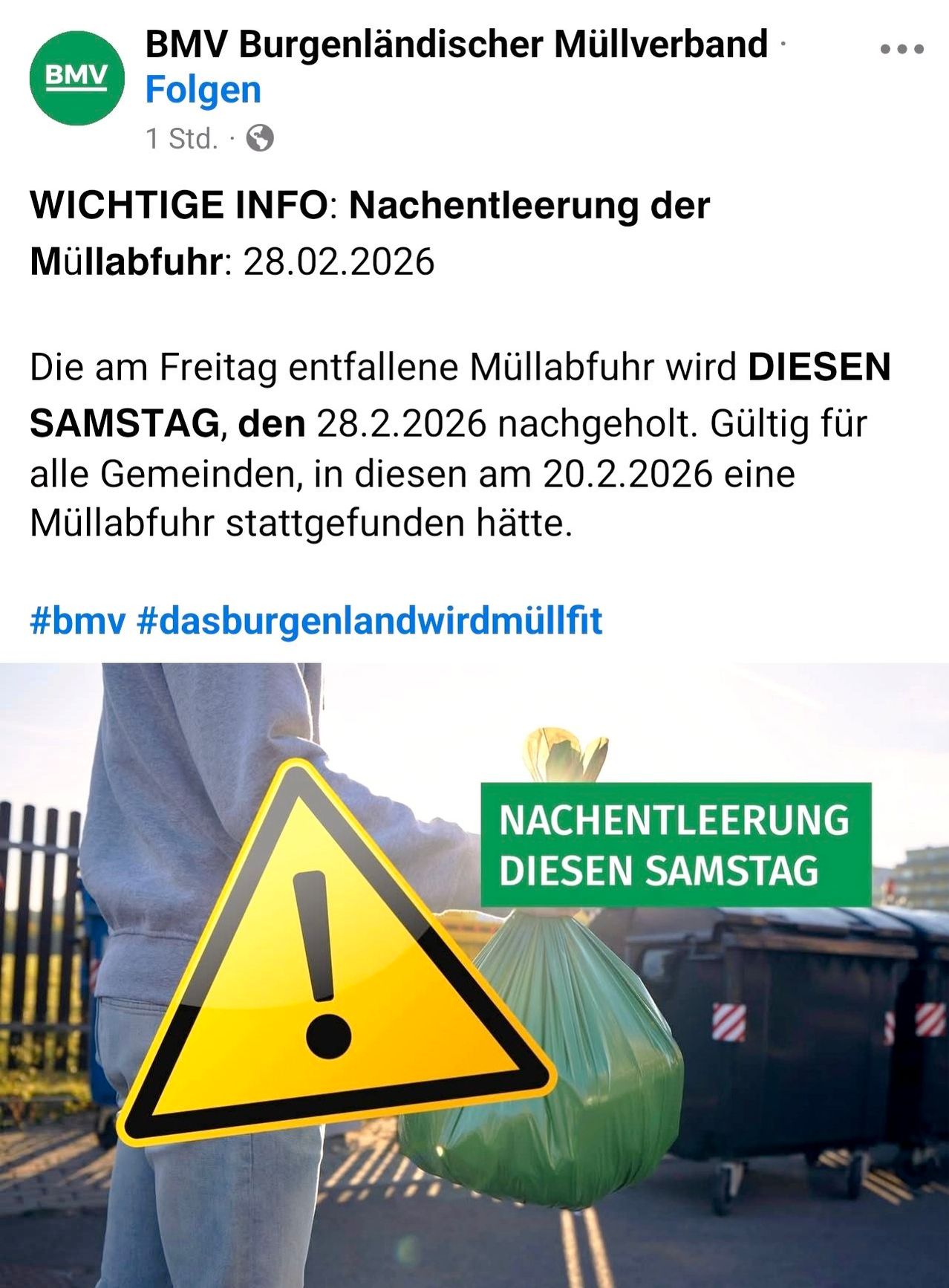WICHTIGE INFO: Nachentleerunng der Müllabfuhr: 28.02.2026. Die am Freitag geplante Müllabfuhr wird auf diesen Samstag, den 28.02.2026, verschoben. Gilt für alle Gemeinden, in denen am 20.02.2026 eine Müllabfuhr stattfinden sollte. Hashtags: #bmv #dasburgerlandwirdmuellfit.