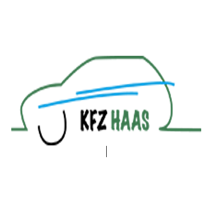 Illustration eines Autos mit dem Text 'KFZ HAAS'. Das Auto ist in Grün- und Blautönen gezeichnet, mit einem prominenten blauen Streifen an der Seite.