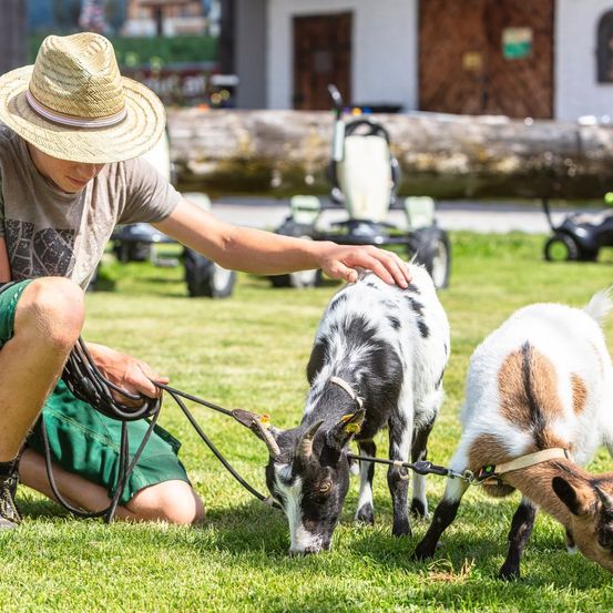 Ein junger Mann mit Strohhut kniet auf dem Rasen und füttert zwei Ziegen mit einem Seil. Die Ziegen sind schwarz-weiß und braun-weiß. Im Hintergrund befinden sich ein Baumstamm, ein Fahrzeug und ein Gebäude.