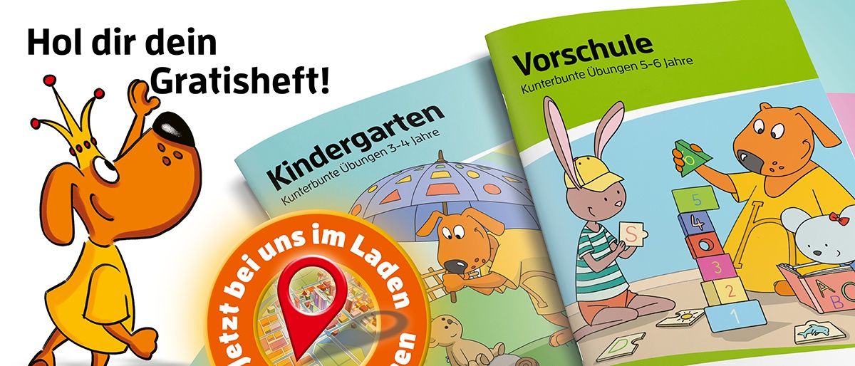 Das Bild zeigt zwei Kinderbücher, eines für den Kindergarten und eines für die Vorschule. Beide Bücher enthalten Illustrationen und Text in deutscher Sprache.