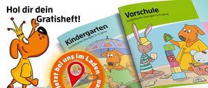 Das Bild zeigt zwei Kinderbücher, eines für den Kindergarten und eines für die Vorschule. Beide Bücher enthalten Illustrationen und Text in deutscher Sprache.