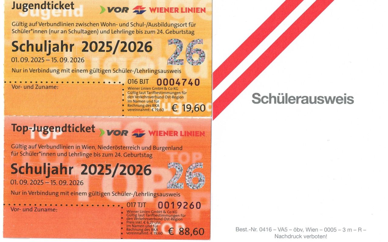 Ein Ticket für Wien, Niederösterreich und Burgenland gültig für Auszubildende bis zum 24. Geburtstag. Gültig ab 2025/2026. Kosten: 19,60 EUR. Ein Ticket für Wien, Niederösterreich und Burgenland gültig für Schüler bis zum 24. Geburtstag. Gültig ab 2025/2026. Kosten: 88,60 EUR.