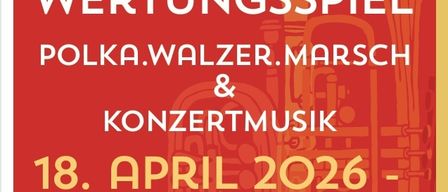 An advertisement for a music event with brass instruments, featuring polka, waltz, and march music. The event is free to enter, and it will take place on April 18, 2026, at 1:00 PM.