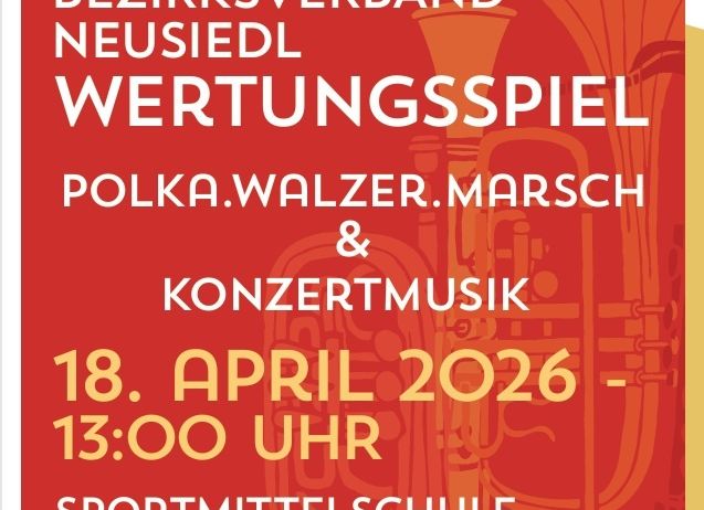 Ein Plakat für ein Musikevent mit Blechinstrumenten, das Polka, Walzer und Marschmusik präsentiert. Die Veranstaltung ist frei zugänglich und findet am 18. April 2026 um 13:00 Uhr statt.