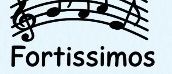 Ein musikalisches Logo mit einer Gruppe von Kindern, die auf Musiknoten stehen. Das Wort 'Fortissimos' steht in fetten Buchstaben unter den Kindern.