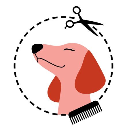 Illustration eines rosa Hundes mit Schere und Kamm darüber in einem gepunkteten Kreis