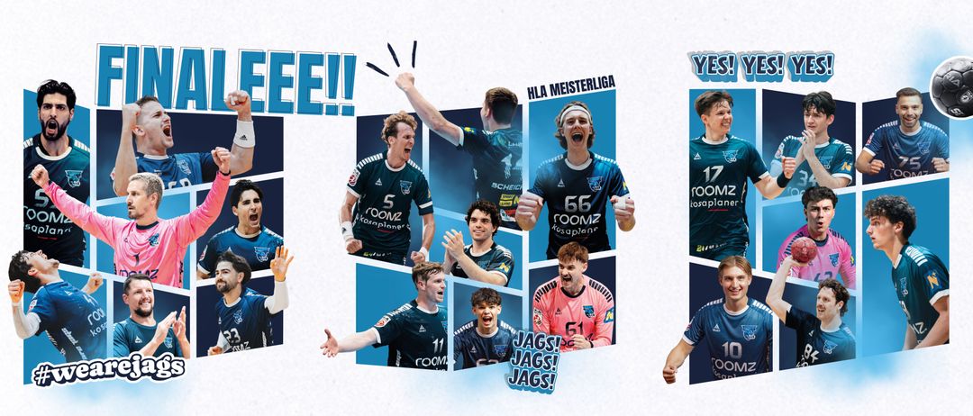 Collage von männlichen Handballspielern, die feiern, mit dem Text 'Jags! Jags! Jags!' und 'HLA Meisterliga'. Sie tragen blaue und pinke Trikots mit Nummern.