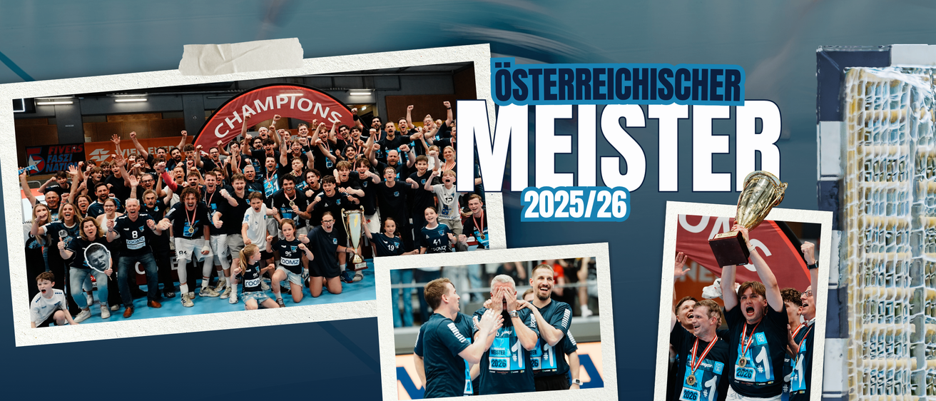 Eine Collage von Sportteam-Feiern mit Textüberlagerung, die 'Österreich Meister 2025/26' lautet. Das obere Bild zeigt eine Gruppe junger Athleten, die einen Pokal halten, während das untere Bild zwei Männer zeigt, die in einer Sportarena feiern.