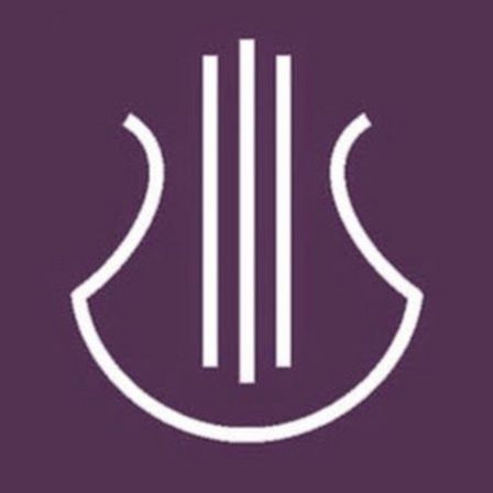 Ein minimalistisches Logo mit einer weißen Geigenform auf lila Hintergrund. Die Geige hat drei vertikale Linien in der Mitte.