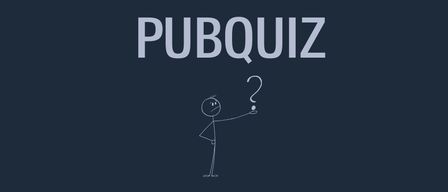 Ein blauer Hintergrund mit dem Wort Pubquiz in weißen Buchstaben über einer Strichfigur, die ein Fragezeichen hält.