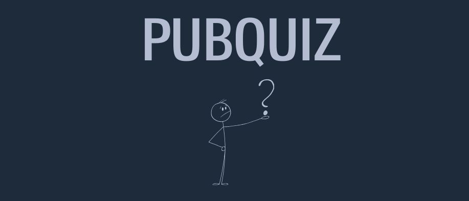 Ein blauer Hintergrund mit dem Wort Pubquiz in weißen Buchstaben über einer Strichfigur, die ein Fragezeichen hält.