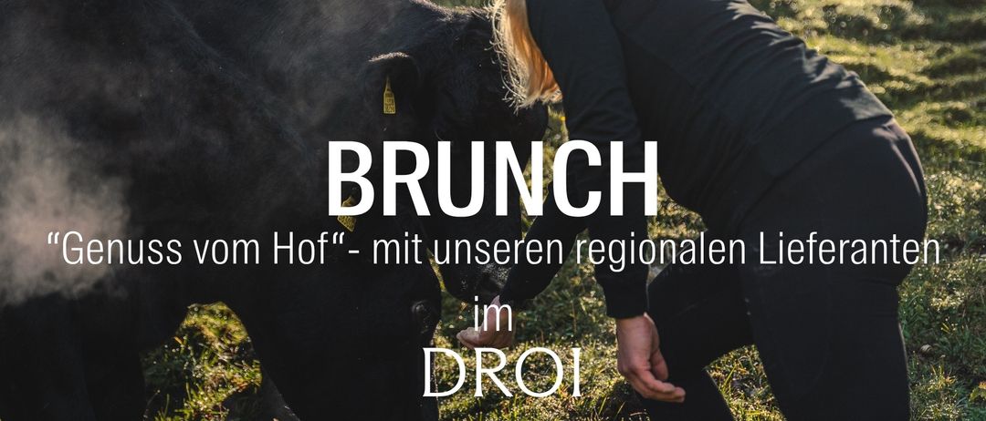 Eine Frau in einer schwarzen Jacke und Mütze streichelt eine schwarze Kuh mit einem gelben Etikett. Das Bild zeigt den Text 'BRUNCH vom Hof' mit regionalen Produkten in DR01.