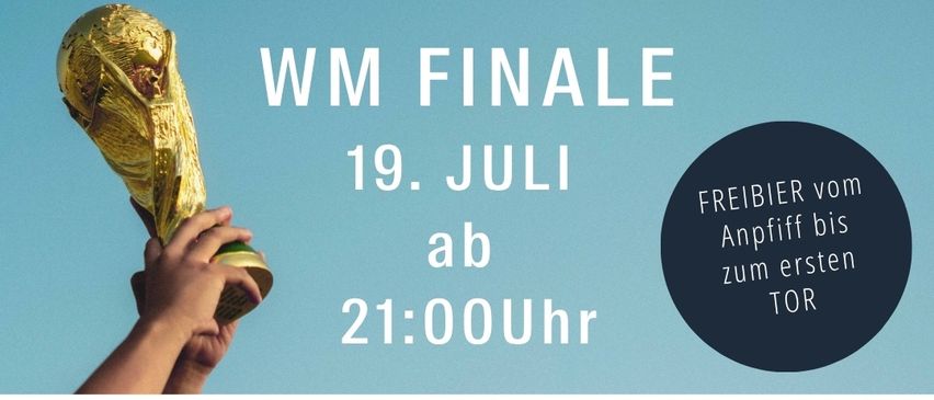 A poster for the Women's World Cup final on July 19th, starting at 9 PM. A hand holds a golden trophy against a blue sky.