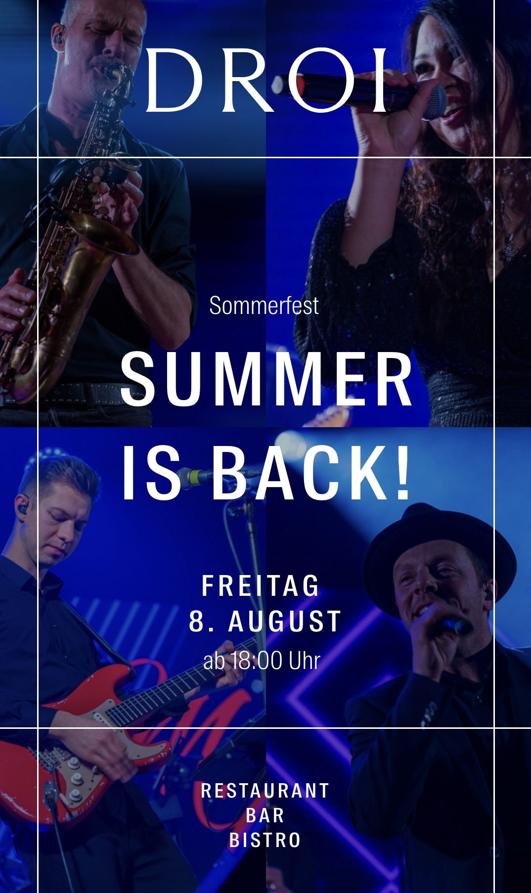 Ein Plakat bewirbt ein Sommerfestival mit Musikern, die Saxophon und Gitarre spielen. Eine Frau singt in ein Mikrofon. Die Veranstaltung ist am Freitag, den 8. August, ab 18 Uhr.