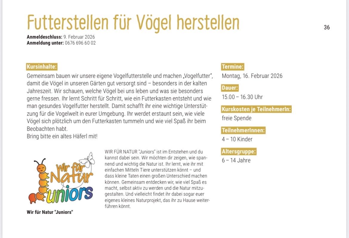Wir bauen unsere eigenen Vogelfutterstellen und machen 'Vogelfutter', um sicherzustellen, dass die Vögel in unseren Gärten gut versorgt sind - besonders in der kalten Jahreszeit. Wir beobachten die Vögel, die bei uns leben, und lernen, wie man einen Futterkasten baut und Vogelfutter herstellt. Der Workshop ist für Kinder im Alter von 4-10 Jahren.