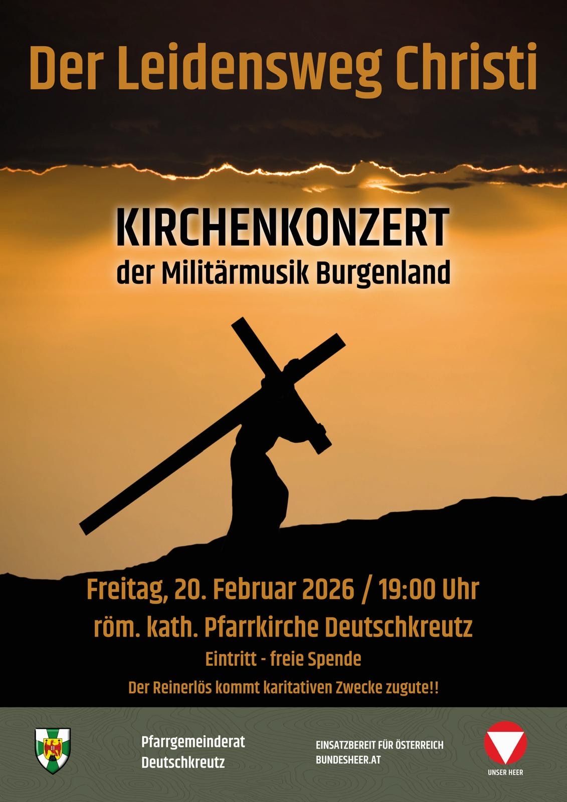 Poster for a church concert by the Military Music of Burgenland, featuring a silhouette of a person carrying a cross with the event details.