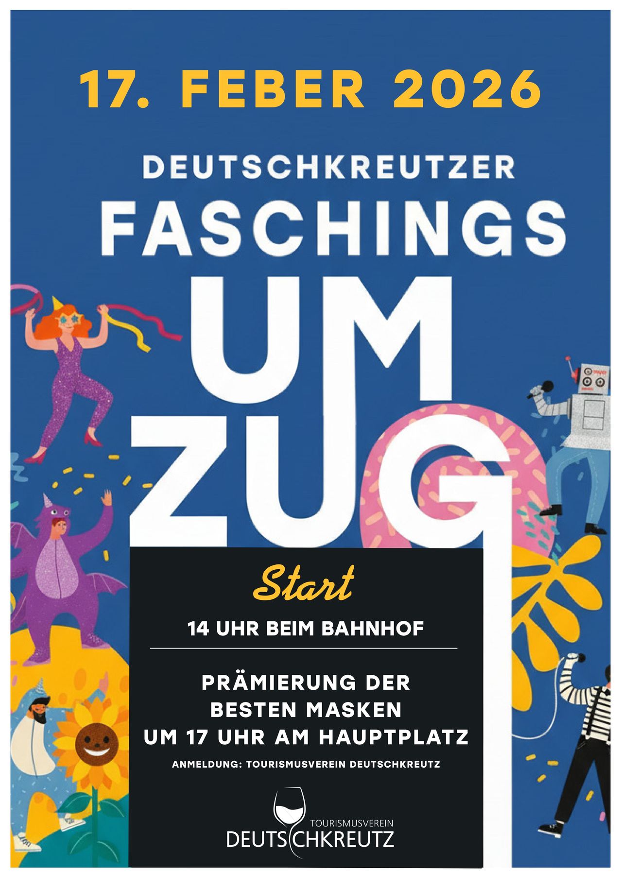 A poster for a German event called Faschings Um Zug. It features people in costumes and a robot, and includes event times and locations.