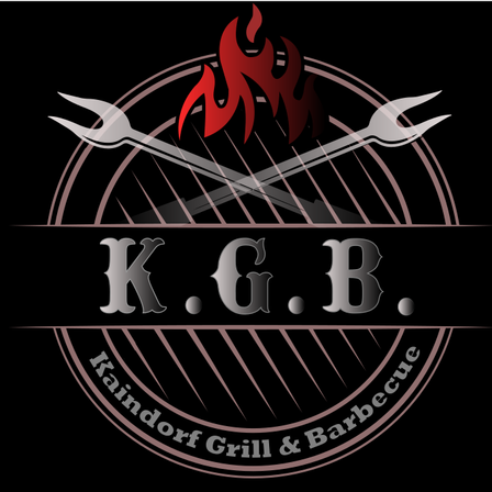 Ein Logo für einen Grill namens KGB mit einer Flamme und Gabeln auf schwarzem Hintergrund.