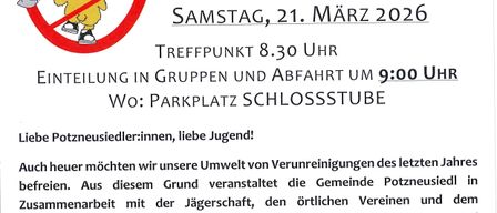 Postkarte mit einer Cartoon-Figur und dem Text 'Einladung zur Flurreinigung.' Treffen am Samstag, 21. März 2026 um 8:30 Uhr. Details zur Veranstaltung, einschließlich Treffpunkt und Zeit. Einladung für Bürger zur Teilnahme an der Reinigung der Stadt.