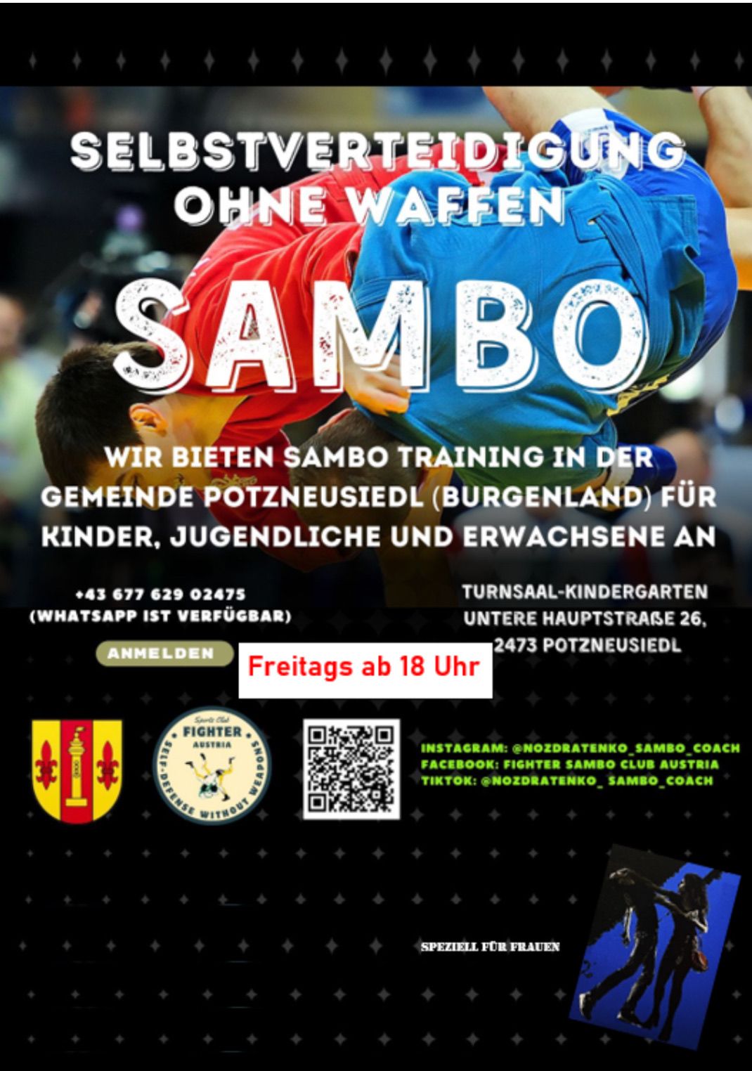 Poster for Sambo training in Potzneusiedl, Burgenland. It shows two people grappling. Contact details and social media handles are listed.