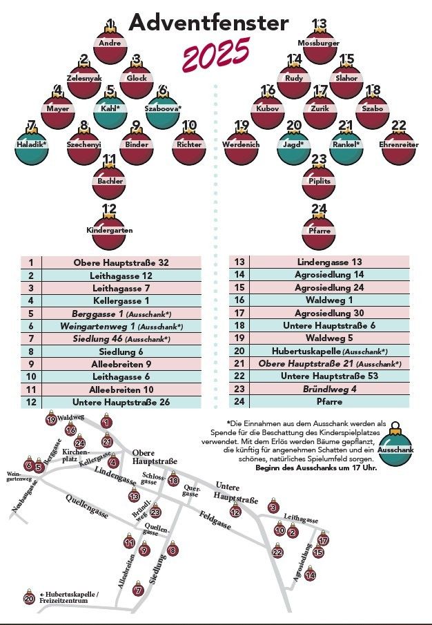 Eine Karte mit den Standorten der Kindergärten und ihren entsprechenden Straßenadressen. Die Kindergärten sind nummeriert und unterschiedlich gefärbt. Die Adressen sind in zwei Spalten aufgelistet. Die Kindergartennummern sind auch auf einer separaten farbkodierten Karte dargestellt.