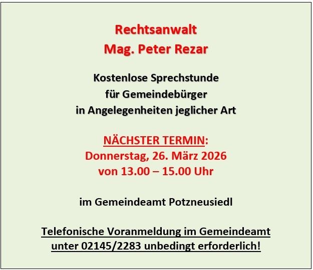 Plakat mit Informationen zu Rechtsberatung. Kostenlose Sprechstunden für Gemeindebürger in verschiedenen Angelegenheiten. Nächster Termin am Donnerstag, 26. März 2026, von 13.00 bis 15.00 Uhr im Gemeindeamt. Telefonische Voranmeldung unter 02145/2283 unbedingt erforderlich!