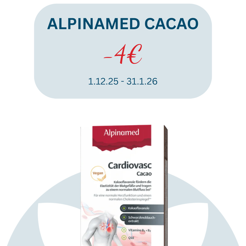 Eine Werbung für Alpinamed Cacao. Es zeigt eine Box mit den Worten 'Cardiovasc Cacao' und einer Liste von Vorteilen. Der Datumsbereich reicht von 1.12.25 bis 31.1.26. Der Preis ist mit einem roten Minuszeichen und einem Euro-Symbol gekennzeichnet.