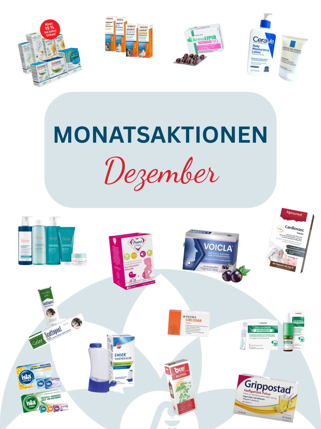 Eine Werbung zeigt verschiedene Produkte, einschließlich Medikamente und Schönheitsprodukte, unter dem Titel 'Monatsaktionen Dezember.' Zu den Produkten gehören eine blaue Flasche, eine weiße Schachtel und eine rote Schachtel mit dem Wort 'buer' darauf.