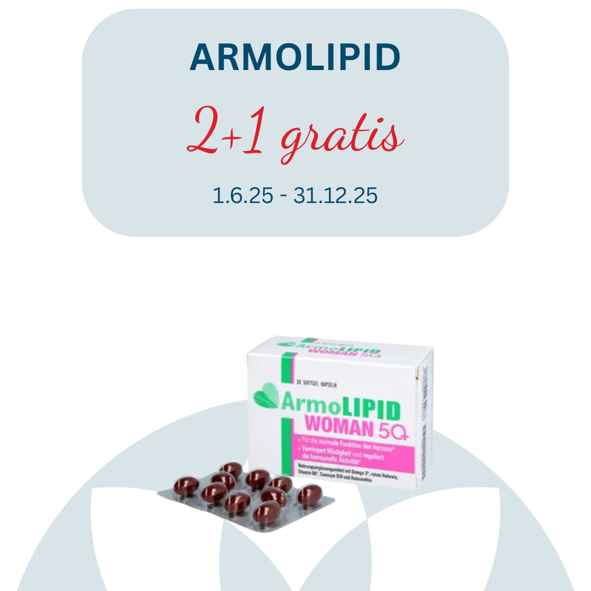 Eine Werbung für ARMOLIPID zeigt eine Packung Pillen mit einem '2+1 gratis' Angebot vom 1. Juni bis 31. Dezember.