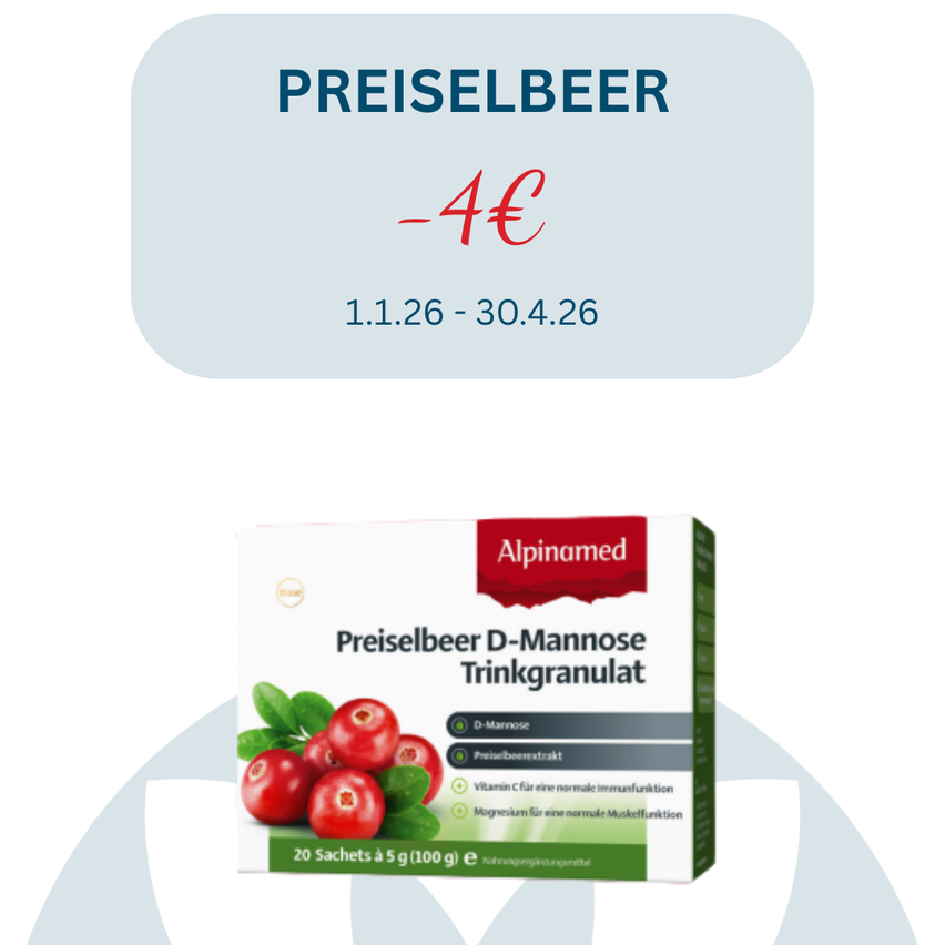 Das Bild zeigt eine Produktbox für Preiselbeer D-Mannose Trinkgranulat mit einem Preisnachlass von 4 Euro, erhältlich vom 1. Januar 2026 bis 30. April 2026. Die Box enthält 20 Beutel à 5 Gramm.