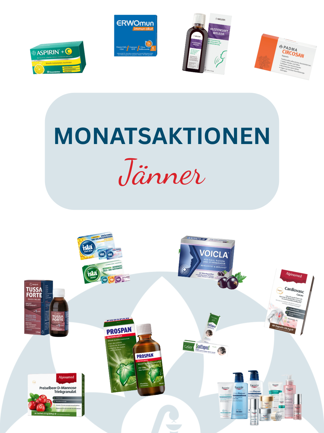 Ein Bild mit verschiedenen Gesundheitsprodukten. Der Text 'MONATSAKTIONEN Jänner' ist prominent angezeigt. Verschiedene Produkte werden gezeigt, darunter Hustenbonbons, Halsspray und andere medizinische Artikel.