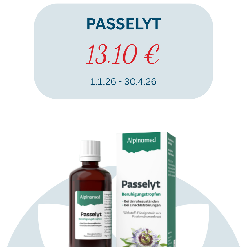 Das Bild zeigt eine Flasche und eine Packung von Passelyt, einem beruhigenden Flüssigextrakt. Der Preis beträgt 13,10 Euro und ist vom 1.1.26 bis 30.4.26 erhältlich.