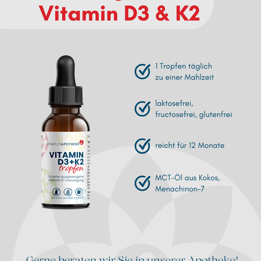Vitamin D3 & K2 in einer braunen Glasflasche mit schwarzem Tropfenaufsatz. Ein Tropfen täglich zu einer Mahlzeit. Laktosefrei, fruchtosefrei, glutenfrei. Geeignet für 12 Monate. Enthält MCT-Öl aus Kokos, Menachinon-7.