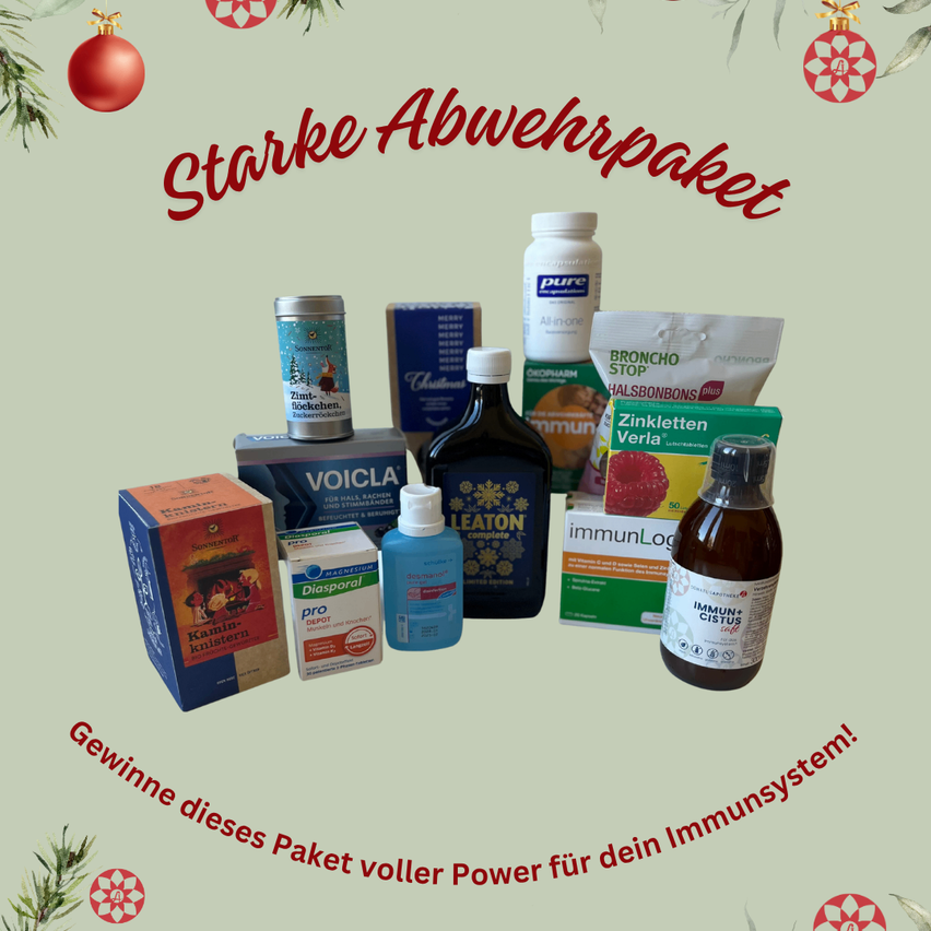 Eine Zusammenstellung von Wellness-Produkten, einschließlich einer Flasche Immun Cistus, einer Packung Zinktabletten und mehr, wird vor einem festlichen Hintergrund gezeigt.