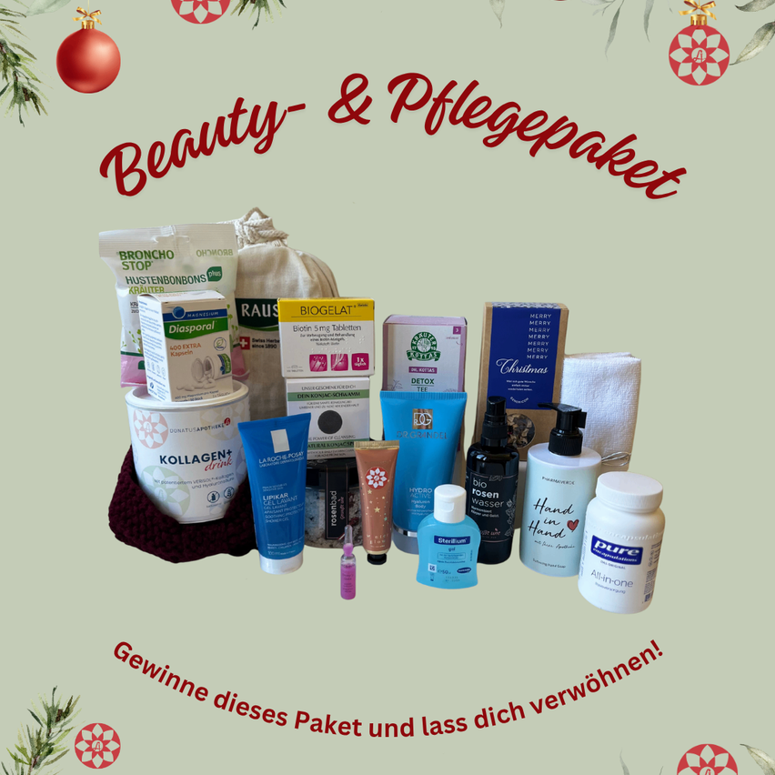 Ein Bild zeigt eine Sammlung von Schönheits- und Pflegeprodukten. Verschiedene Artikel sind zu sehen, darunter ein Beutel, Tabletten, Lotionen und Kapseln. Die Worte 'Beauty & Pflegepaket' und 'Gewinne dieses Paket und lass dich verwohnen!' sind sichtbar.
