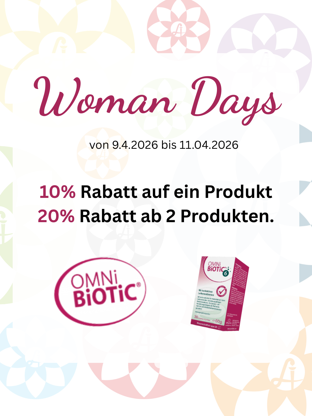 An advertisement for Woman Days, a sale event from April 9th to April 11th, 2026. It shows a 10% discount for one product and a 20% discount for two products. It features a red and white Omni Biotic product box.
