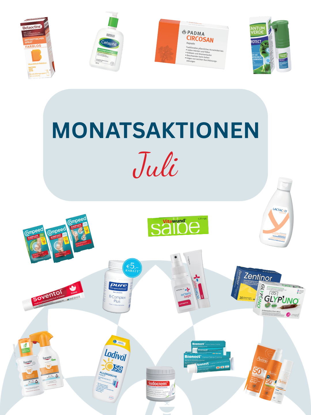 An advertisement for monthly promotions in July featuring various products such as wound care, skincare, and personal care items.