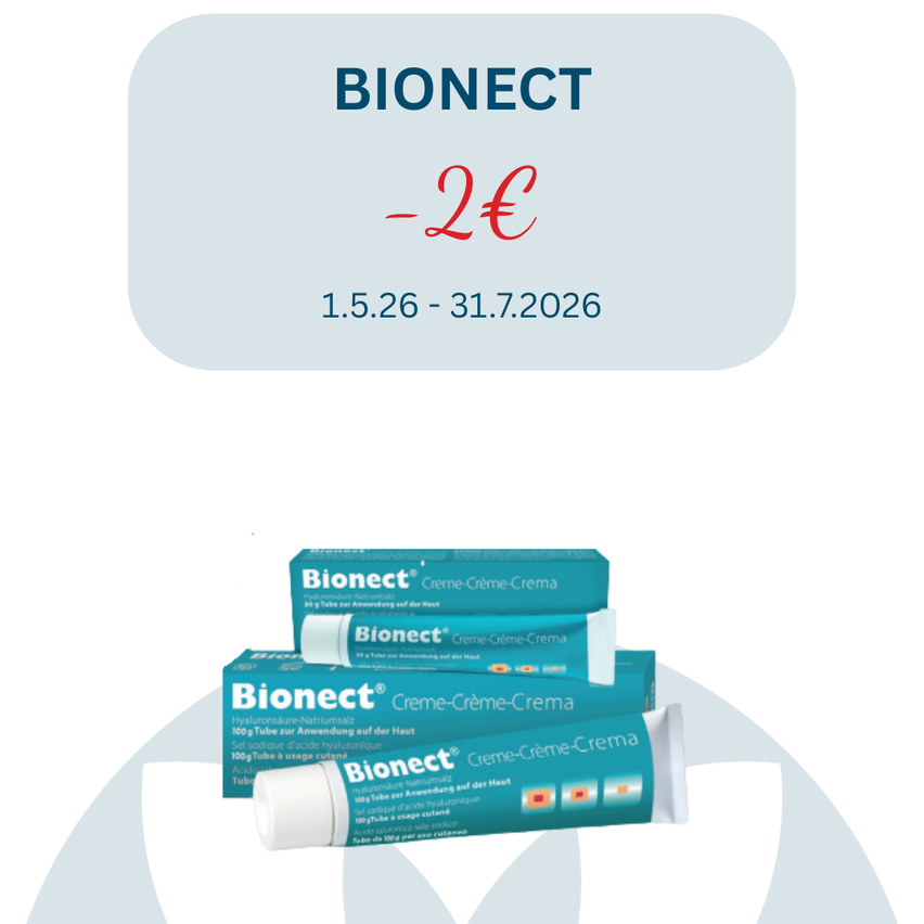 An advertisement for Bionect cream, featuring three tubes stacked on top of each other. The top tube has a blue label with the text 'BIONECT Creme-Creme-Creme'. The middle tube has a red label with the text '-2€'. The bottom tube has a green label with the text 'BIONECT Creme-Creme-Creme'. The advertisement also includes the dates '1.5.26 - 31.7.2026'.